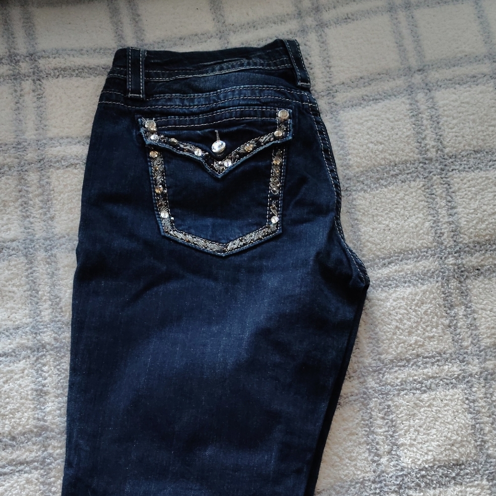 Miss Me Dark Blue Skinny Jeans with Embellished Pockets